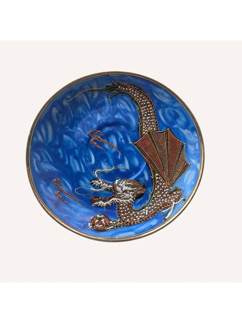 Vintage Nagoya Japan Blue Dragonware Moriage Plate Raised Dragon Gold 5.5"